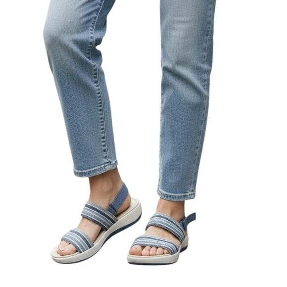 Clarks Cloudsteppers Sandals Womens Size 10 Blue White Striped Slingback Wedge - Picture 13 of 13